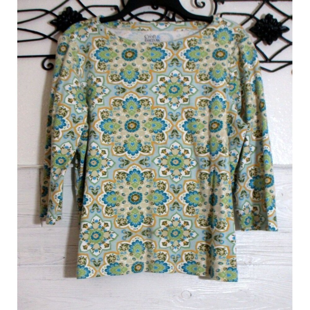 Croft & Barrow Knit Top Women's Size L Long Sleeve Multicolor Floral Round Neck